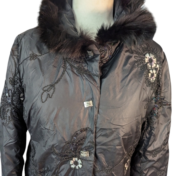 Embellished sequin embroidery faux fur trim black Warm Jacket Todd Smith  Sz M - Picture 6 of 13
